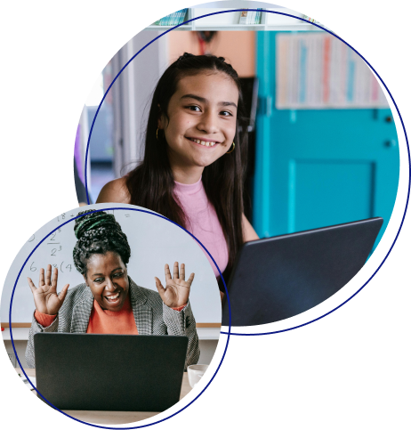 solutions header photo Photo of a girl with medium-light skin tone smiling on laptop and another photo of a woman with a dark skin tone smiling and raising her hands while on a laptop